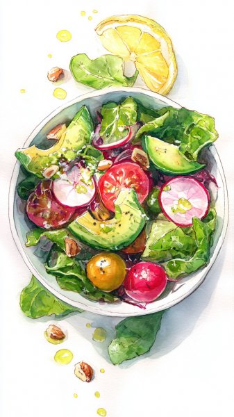 Яркий салат акварелью: свежесть и вкус в каждом мазке. Изображение из нейронной сети Миджорни