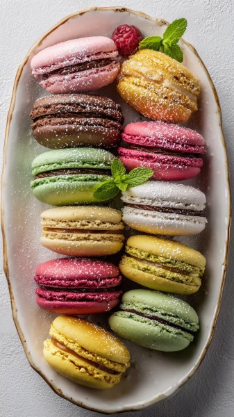 Изысканные макаруны: ассорти вкусов на керамической тарелке. Нейросеть Midjourney