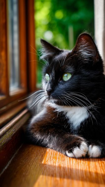 Нежный котенок на подоконнике: взгляд в солнечный сад. Генерация из нейронной сети Миджорни