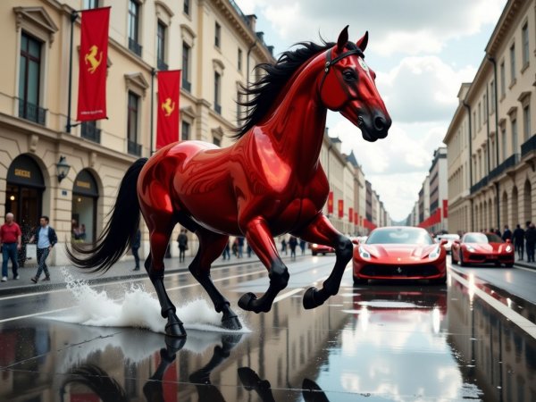Красный скакун Ferrari: стремительный бег по мокрому городу в стиле будущего. Изображение из нейросети Flux Ai