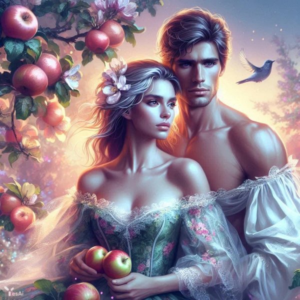Объятия на фоне цветущей яблони вечером. Генерация из нейронной сети Dalle-3