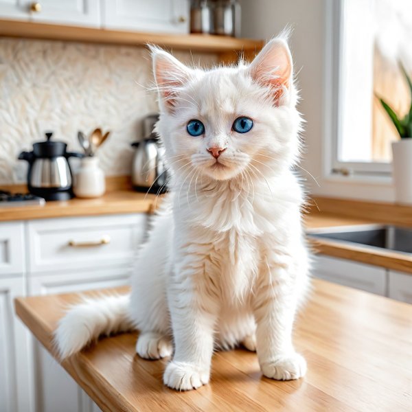 Белоснежный котенок с небесными глазами в уютной кухне. Нейросеть Stable Diffusion