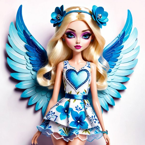 Нежная ангел из Monster High: волшебный образ с голубыми глазами и цветочным принтом. Генерация из нейронной сети Stable Diffusion