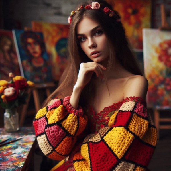 Вдохновение в ярких красках: девушка и вязаное платье среди искусства. Изображение из нейросети Dalle-3