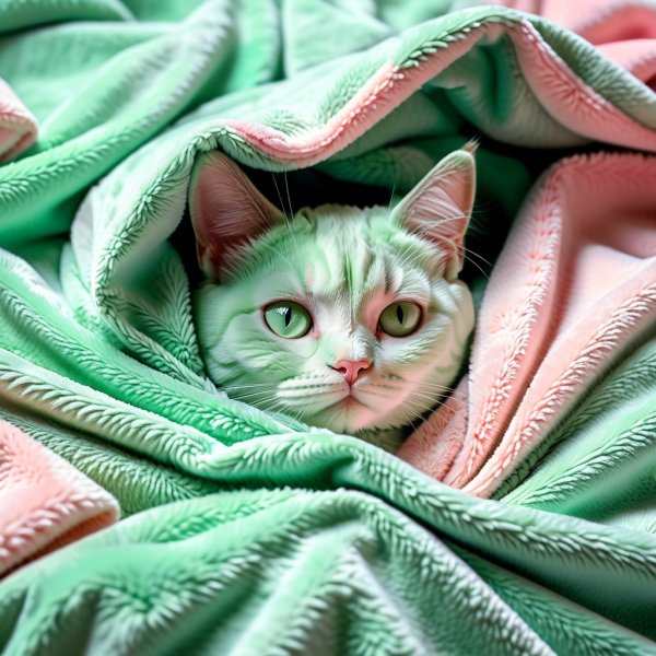 Спящий котенок под нежным зеленым одеялом. Генерация из нейронной сети Стейбл Дифьюжен