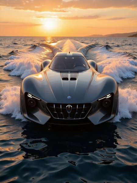 Сумеречный силуэт: футуристичный автомобиль на закате над водой. Картинка из нейронной сети Flux 1