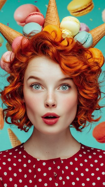 Яркая девушка с апельсиновыми кудрями и сладостями на голове: игривый портрет. Картинка из нейронной сети Midjourney