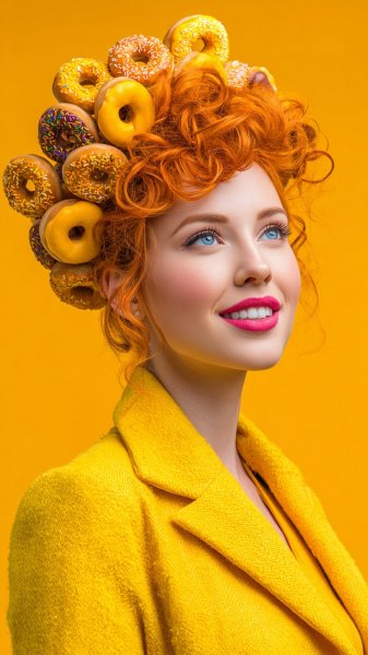 Яркий портрет девушки с оранжевыми кудрями и необычным головным убором из сладостей и фруктов. Картинка из нейросети Миджорни