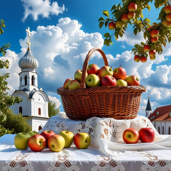 Осеннее настроение: корзина с яблоками и церковные купола на горизонте. Нейросеть Stable Diffusion
