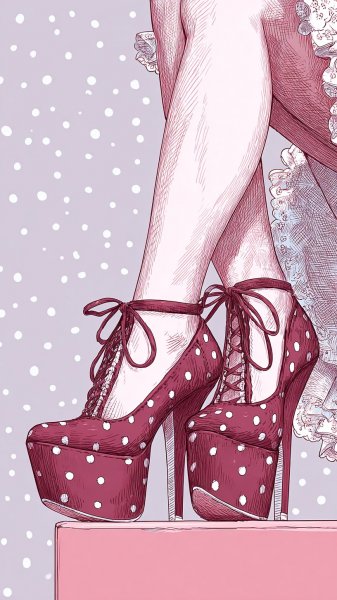Яркие туфли на платформе: игривый рисунок в стиле карикатуры с белыми горошинами и кружевом. Картинка из нейросети Midjourney