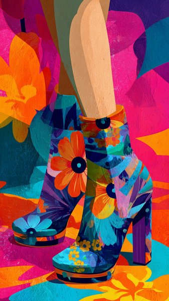 Яркие туфли с цветочными узорами и массивным каблуком. Нейронная сеть Миджорни