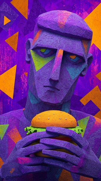 Лицо мужчины и огромный гамбургер в современном стиле. Генерация из нейронной сети Midjourney