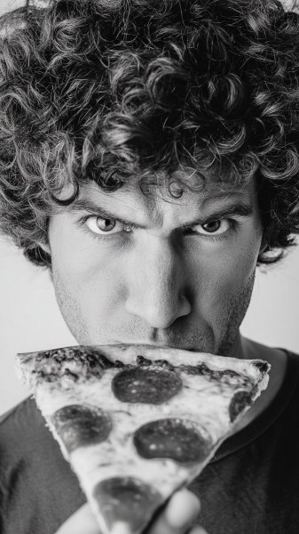 Серьезное лицо с пиццей в черно-белом стиле. Изображение из нейронной сети Midjourney