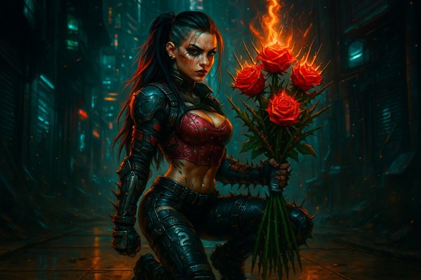 Роковая воительница: розы смерти и дерзкий взгляд. Нейросеть Sora images Ai