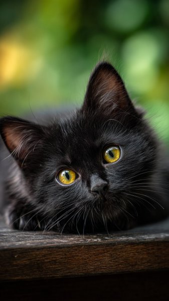 Черный котенок с желтыми глазами и игривым выражением. Изображение из нейронной сети Миджорни