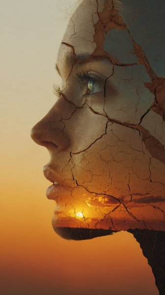 Лицо на фоне заката: двойная экспозиция и природа в коллаже. Картинка из нейросети Миджорни