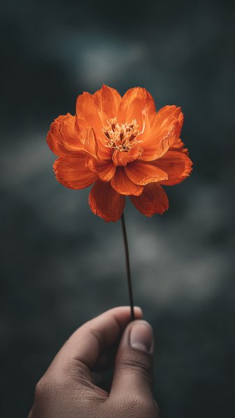 Апельсиновый цветок в темноте: яркий коллаж и сюрреализм. Генерация из нейросети Midjourney