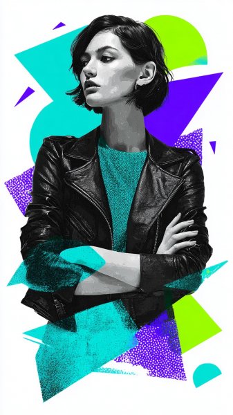 Женщина в кожаной куртке и ярких штанах среди неоновых абстракций. Изображение из нейросети Миджорни