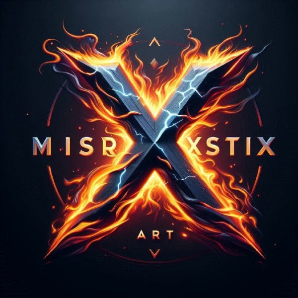 Стильный логотип Mister XCV: огонь, молнии и яркая буква X. Генерация из нейронной сети Dalle