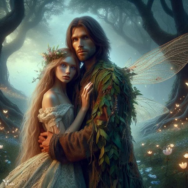 Дриада и фея в волшебной чаще: гиперреалистичная романтическая встреча. Картинка из нейросети Dalle-3