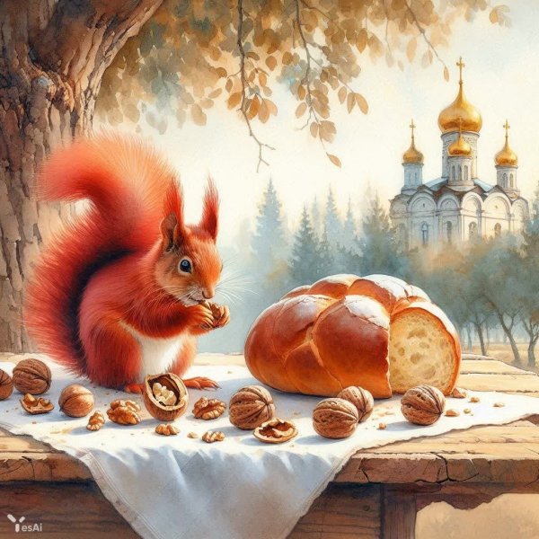 Лесная идиллия: уютный стол, белки и каравай под золотыми куполами русской церкви. Генерация из нейронной сети Dalle-3
