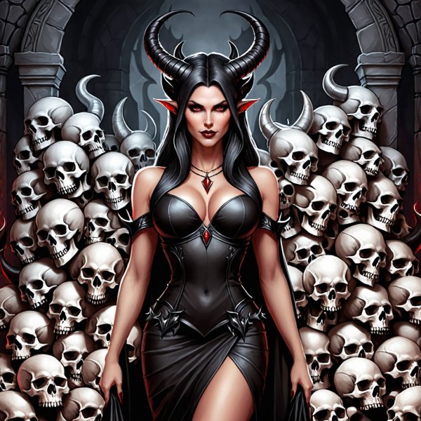 Королева тьмы и черепов: демонический портрет в стиле Diablo. Изображение из нейронной сети Stable Diffusion
