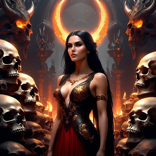 Демоническая колдунья и гора черепов: мрачное искусство в стиле Diablo. Изображение из нейронной сети Stable Diffusion
