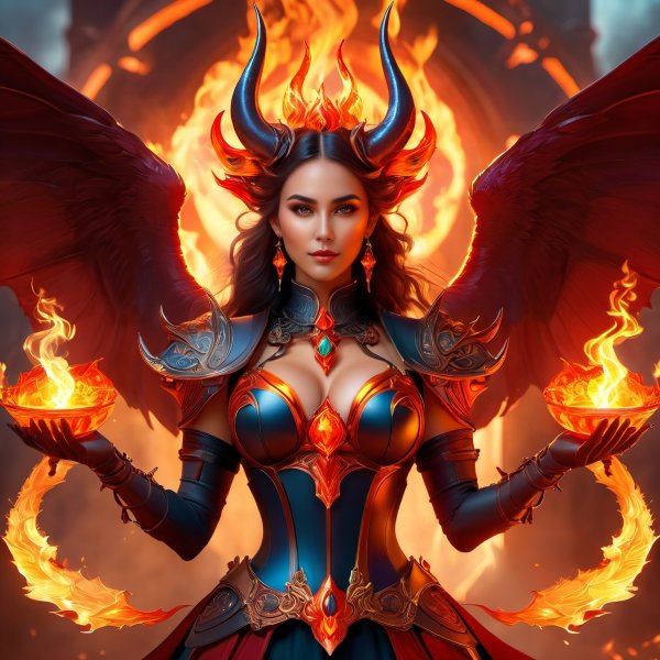 Демоница огня: концепт-арт Diablo 4 в стиле стимпанк и невероятных красок. Картинка из нейронной сети Stable Diffusion
