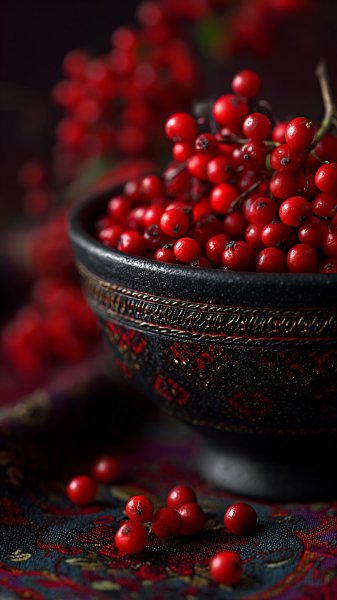 Красные ягоды в черной керамике: игра света и тени. Картинка из нейронной сети Миджорни