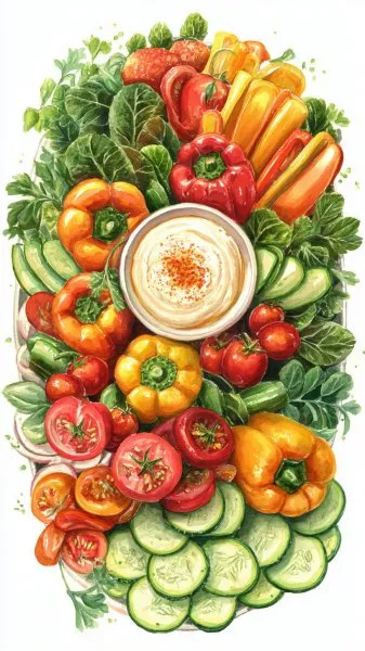 Яркий овощной натюрморт в акварельной технике: свежесть и красота вкуса. Генерация из нейронной сети Midjourney