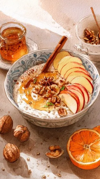 Уютная овсянка с яблоками и корицей: акварельный натюрморт. Изображение из нейронной сети Midjourney