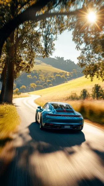 Синий Porsche 911: дорога сквозь золотые поля и изумрудные холмы. Генерация из нейросети Миджорни