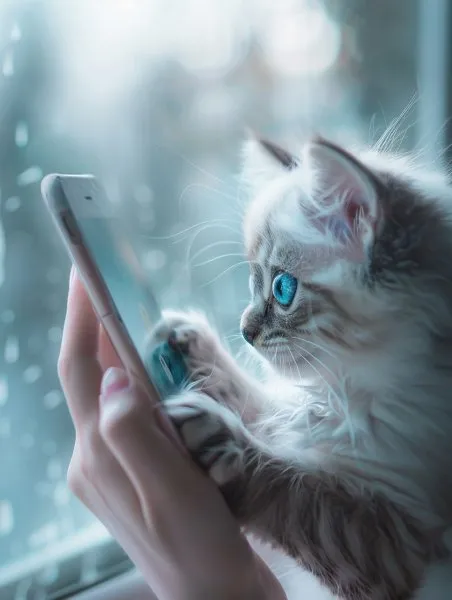 Котёнок заглядывает из смартфона: очаровательная встреча реальности и виртуальности. Нейросеть Midjourney