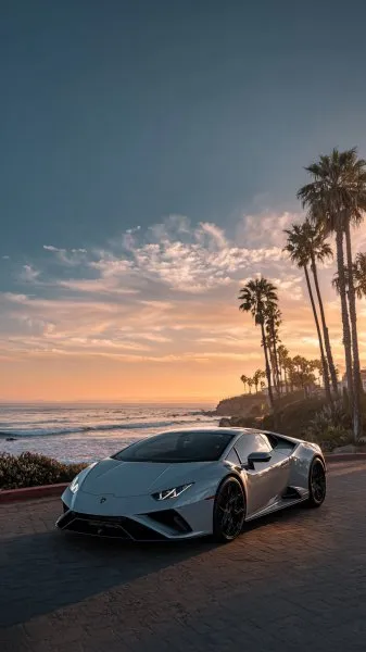 Серебристый Lamborghini на побережье: роскошь и закат над океаном. Нейронная сеть Midjourney