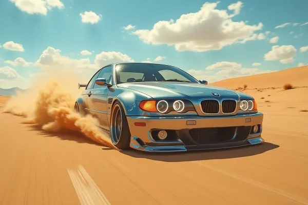 Безумная скорость BMW M3 по пустыне: хромированный зверь в движении. Генерация из нейросети Flux 1