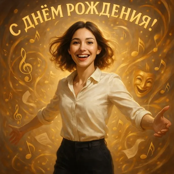 Счастливое признание: Искреннее поздравление с днем рождения в свете музыки и театральных грёз. Генерация из нейросети Sora Images