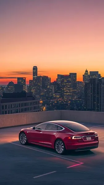Красный Tesla Model S на крыше: современный дизайн и городской горизонт в сумерках. Нейросеть Миджорни