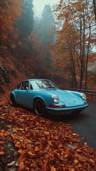 Синий Porsche 911 в осеннем лесу: классика и атмосфера. Изображение из нейросети Миджорни