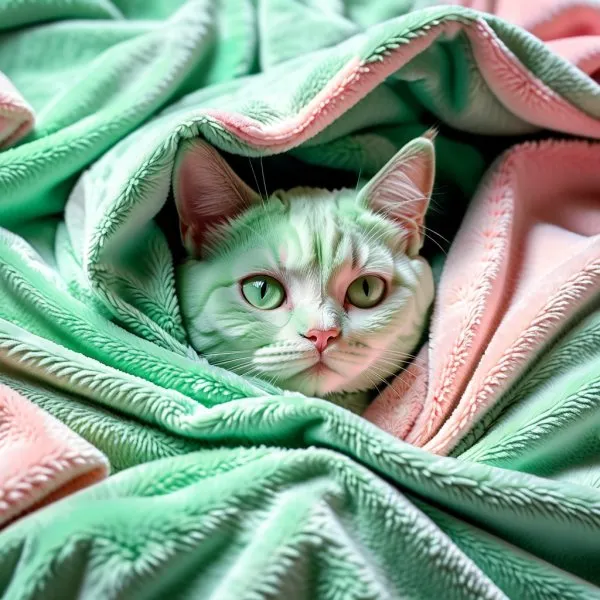 Спящий котенок под нежным зеленым одеялом. Генерация из нейронной сети Стейбл Дифьюжен
