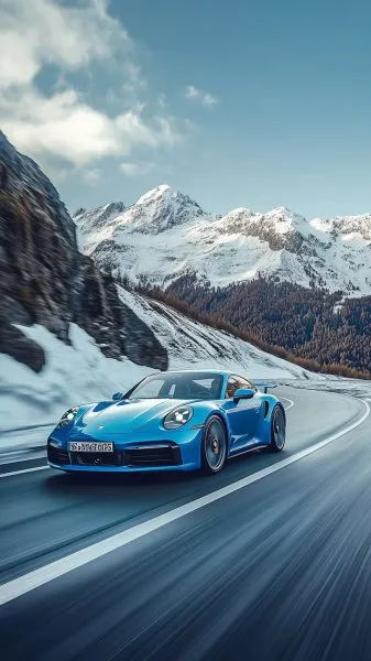 Порше 911 Turbo S: Скорость в Альпах, захватывающий пейзаж и динамика движения. Генерация из нейросети Midjourney