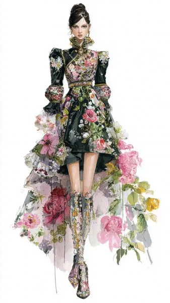 Сочетание нежности и драматизма: вдохновение модных домов Anna Sui и Alexander McQuee. Картинка из нейронной сети Midjourney