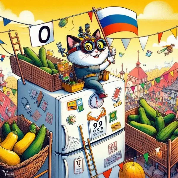 Кот-альпинист: цуккини, хохлома и проверка зрения на вершине холодильника. Изображение из нейросети Dalle