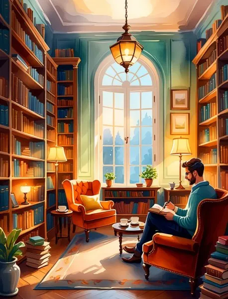 Уютная библиотека: мир книг и вдохновения для читателей. Изображение из нейронной сети Stable Diffusion