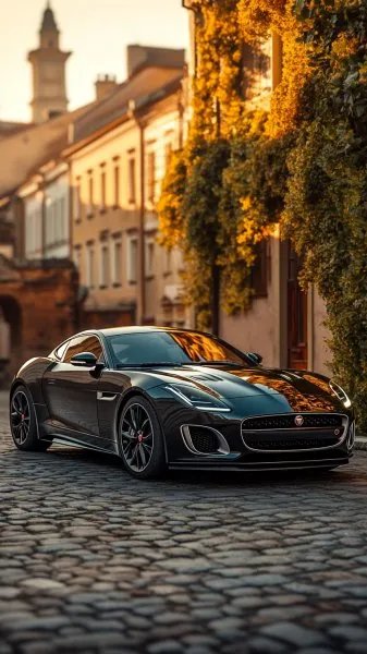 Ягуар F-Type: роскошь и стиль на старинной мостовой в золотой час. Картинка из нейронной сети Midjourney