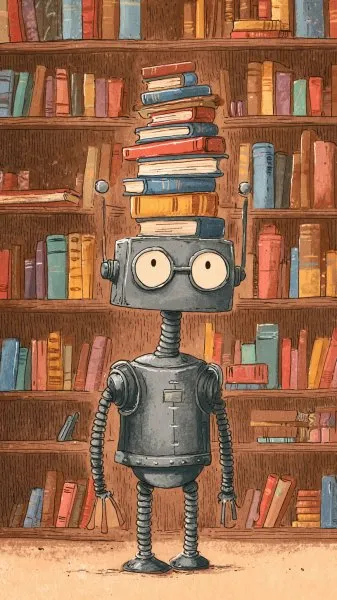 Робот в библиотеке: уютные размышления среди книг и полок. Изображение из нейросети Миджорни