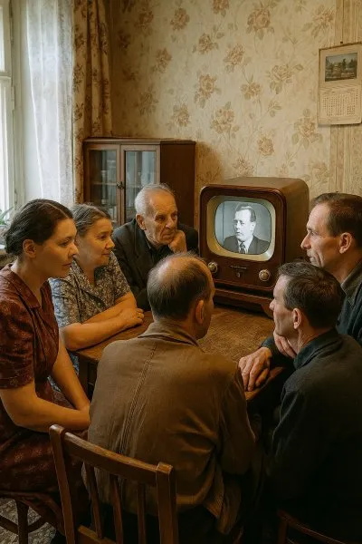 Телевизионные вечера в хрущевской квартире: ностальгия по времени первых передач. Генерация из нейросети Sora Images