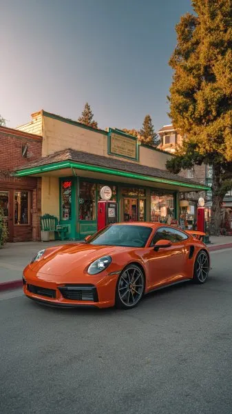 Оранжевый Porsche 911 у винтажной заправки: ностальгия и роскошь американского классического стиля. Генерация из нейросети Midjourney
