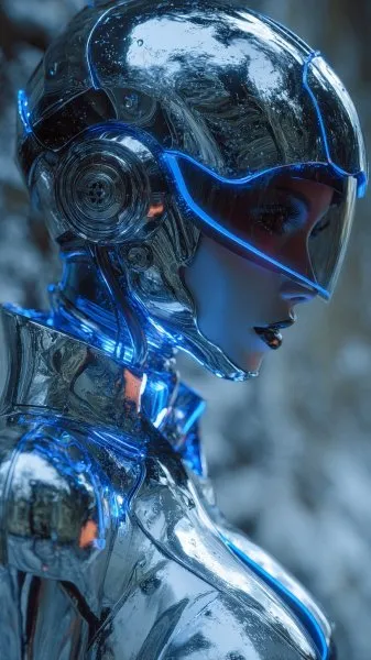Серебристая футуристическая воительница в неоновом свете. Генерация из нейросети Миджорни