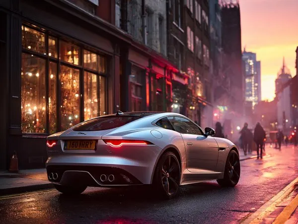Сумеречный Jaguar F-Type: Городской Стиль и Силуэт в Неоновом Свете. Нейронная сеть Миджорни