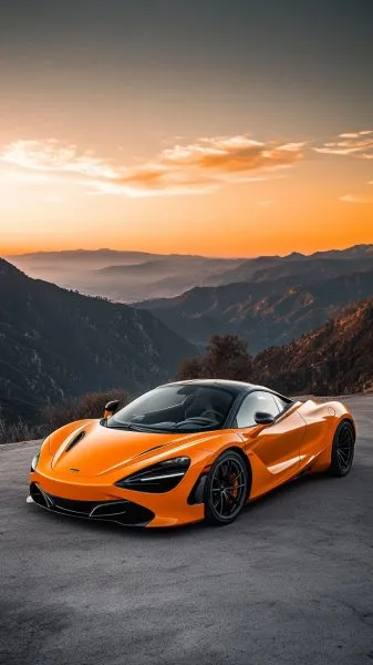 Оранжевый Макларен 720S на фоне горных пейзажей в лучах заката. Изображение из нейронной сети Midjourney